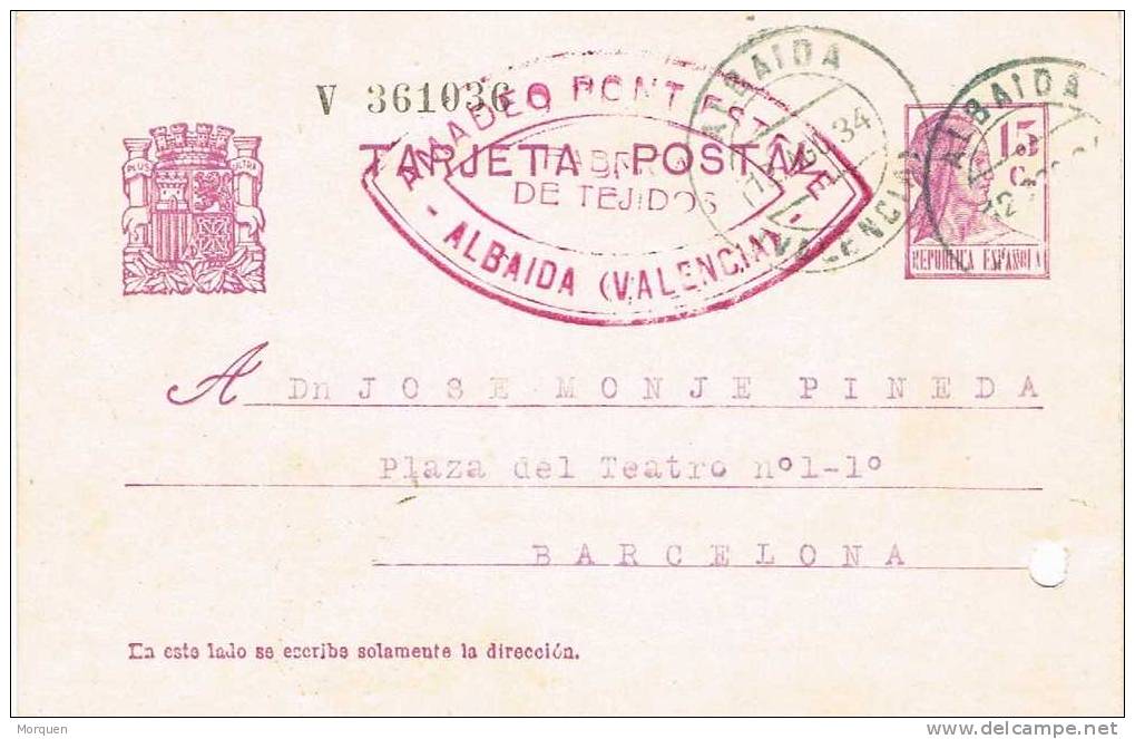 Entero Postal ALBAIDA (Valencia) 1934. Republica - 1931-....