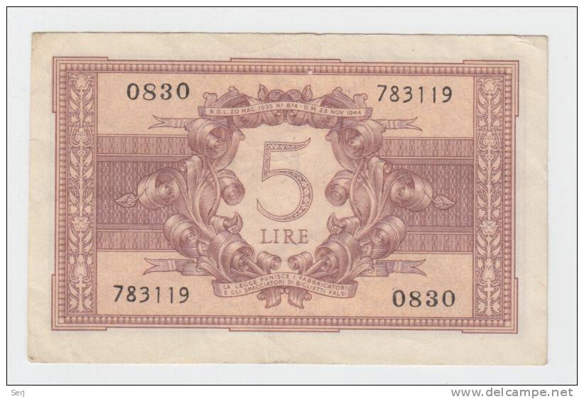 ITALY 5 Lire 1944 P 31c  31 C - Italia – 5 Lire