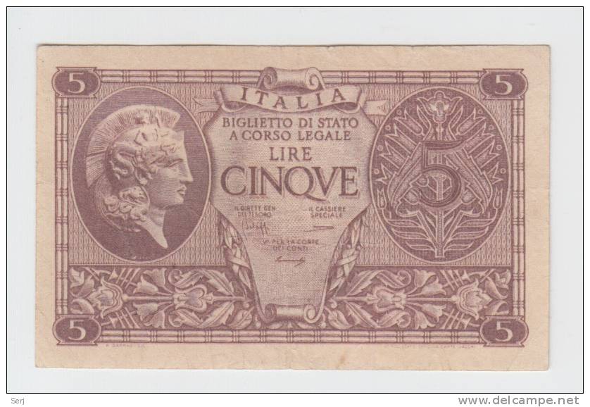 ITALY 5 Lire 1944 P 31b  31 B - Italia – 5 Lire