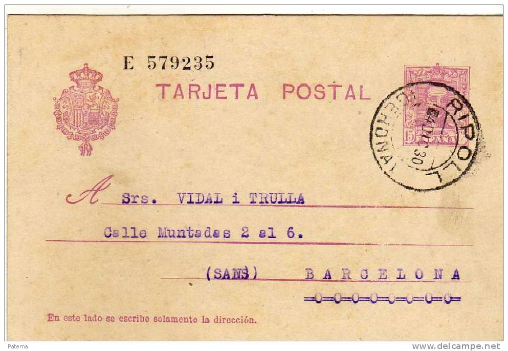 3546  Entero Postal, RIPOLL 1930 ,  Gerona, Alfonso Xlll, - 1850-1931