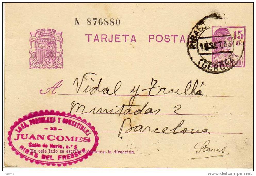 3546  Entero Postal, RIBAS DE FRESSER 1933,  Gerona, Rep. Española, Entier Postal - 1931-....