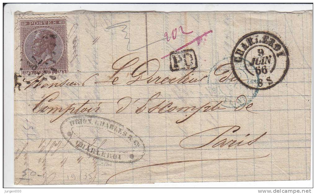 Nr 19, Brief Van Charleroy Naar Paris, PD (4025) - 1865-1866 Profiel Links