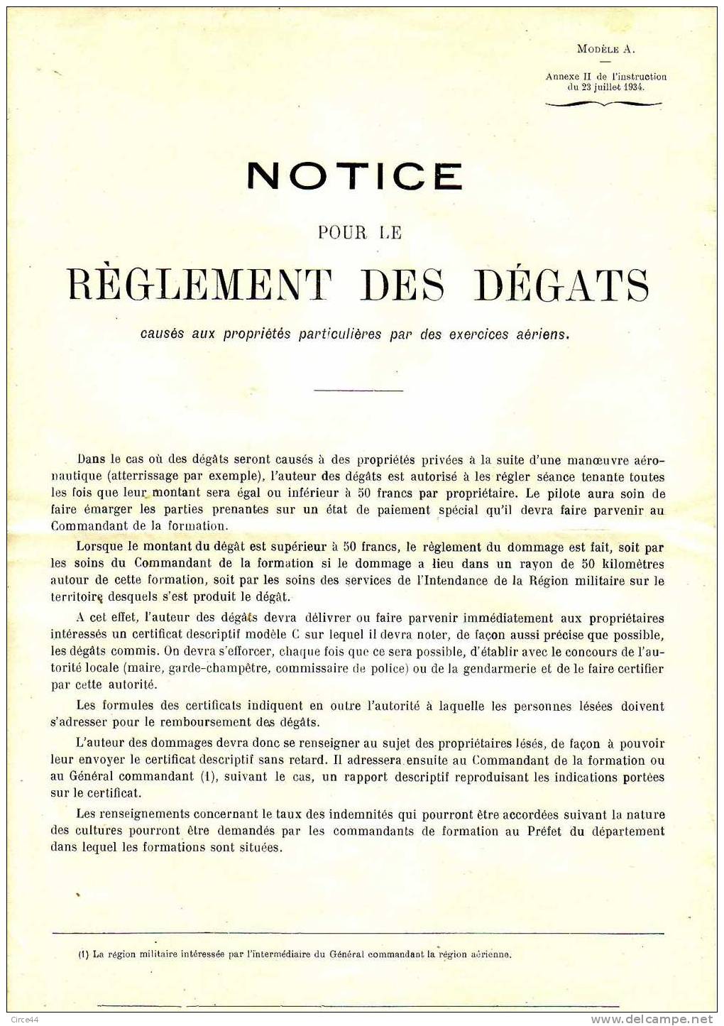 AVIATION.NOTICE POUR LE REGLEMENT DES DEGATS CAUSES PAR DES EXERCICES AERIENS. - Fliegerei