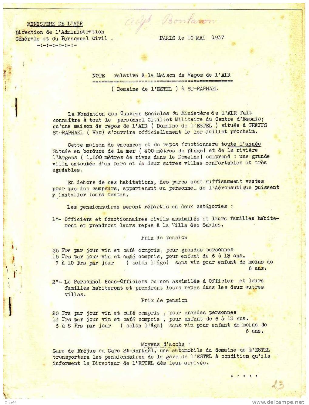 AVIATION.NOTE RELATIVE A LA MAISON DE REPOS DE L´AIR A SAINT RAPHAEL. - Fliegerei