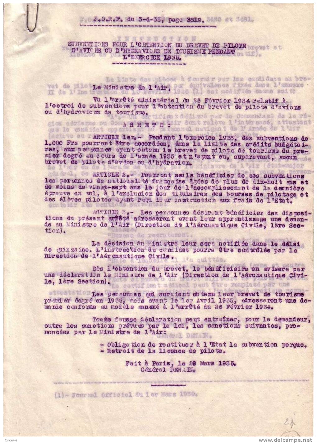 AVIATION.SUBVENTION POUR OBTENIR LE BREVET DE PILOTE AVION OU HYDRAVION. - Aviation