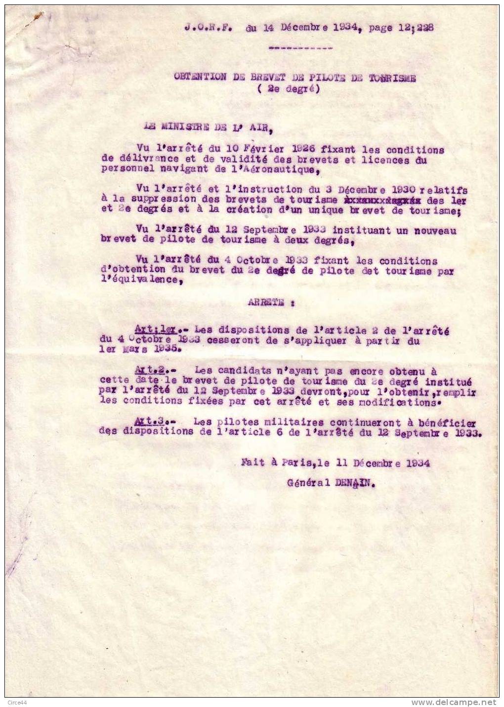 AVIATION.OBTENTION DU  BREVET DE PILOTE DE TOURISME. - Fliegerei