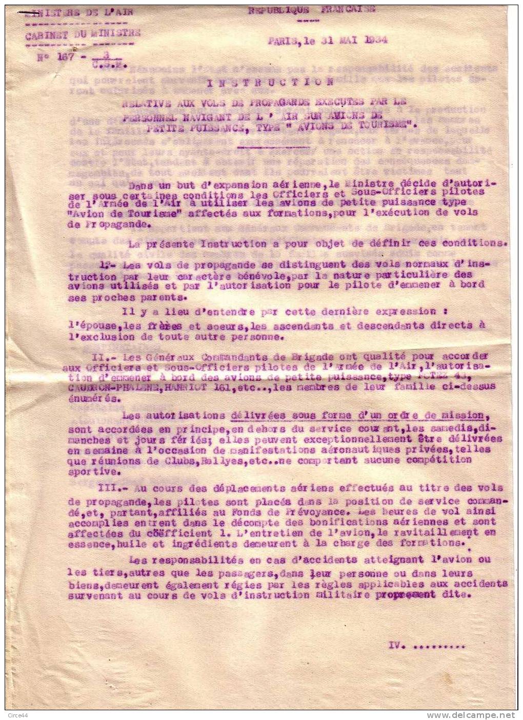 AVIATION.INSTRUCTION RELATIVE AUX VOLS DE PROPAGANDE . - Aviación