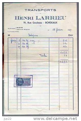 Facture Transports Henri Larrieu Rue Goubeau Bordeaux Du 28-02-1957 - Tp Timbre Fiscal 18 Francs - Transports