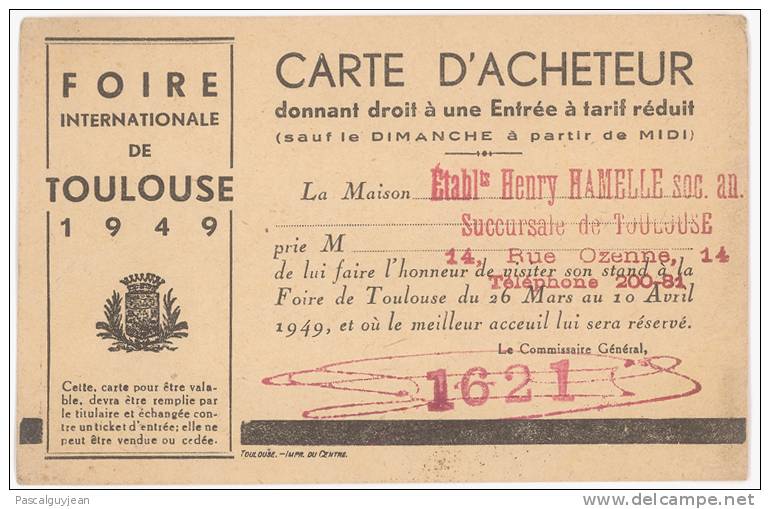 CARTE D'ACHETEUR FOIRE DE TOULOUSE 1949 - Tickets - Vouchers