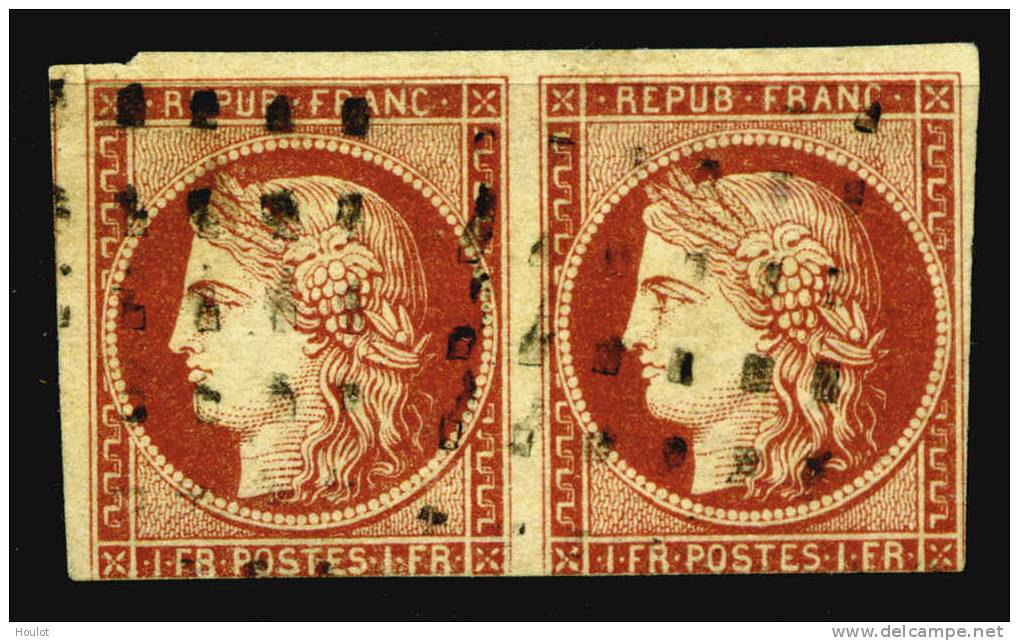 Frankreich Mi. N° 7 Dallay N°6a Als Pair / Paar In Carmin-clair Mit Rollenstempel ´Gros Points Carrés´ Mit Plattenfehler - 1849-1850 Cérès