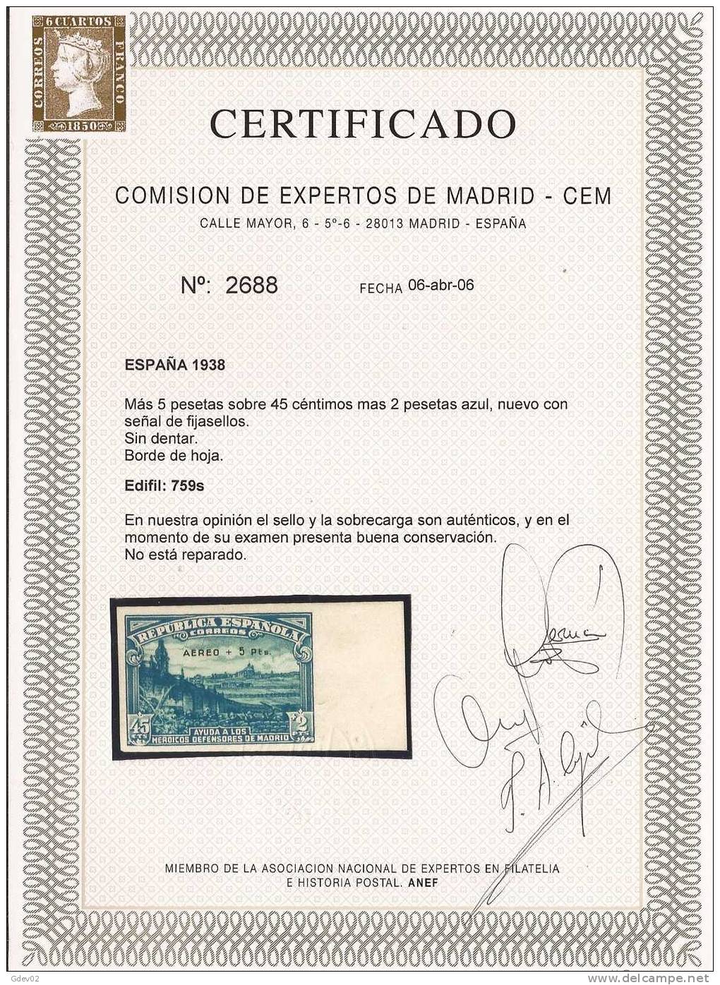 ES759-L3932TV.Spain Espagne DEFENSA DE MADRID AEREA 1938 (Ed 759s*)con Charnela LUJO SIN DENTAR BORDE DE HOJA - Variétés & Curiosités