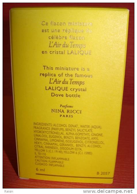 Nina Ricci L'Air Du Remps Réplique  Flacon  Miniature  Lalique" Plein " Avec  Boîte 6ml  Colombes TBE - Miniatures Womens' Fragrances (in Box)