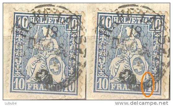 Sitzende Helvetia 31, 10 Rp.blau   (schwacher Druck)       1866 - Plaatfouten