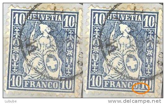 Sitzende Helvetia 31, 10 Rp.blau   (Aufstrich An Der 10)       1862 - Abarten