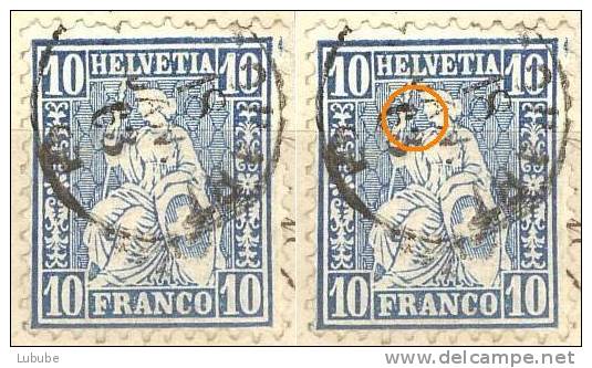 Sitzende Helvetia 31, 10 Rp.blau   (ähnlich Komet)       1863 - Plaatfouten