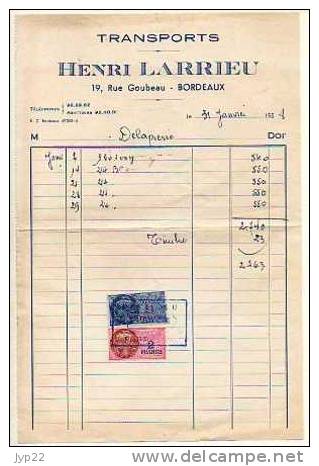 Facture Transports Henri Larrieu Rue Goubeau Bordeaux Du 31-01-1958 - Tp Timbre Fiscal 21 Francs & 2 Francs - Verkehr & Transport