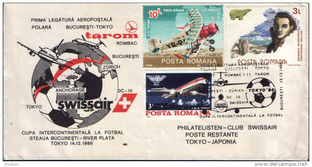 Romania-Envelope Occasionally 1986-First Contact Polar Bucharest Aeropostale Tokyo-2/scans - Other Means Of Transport