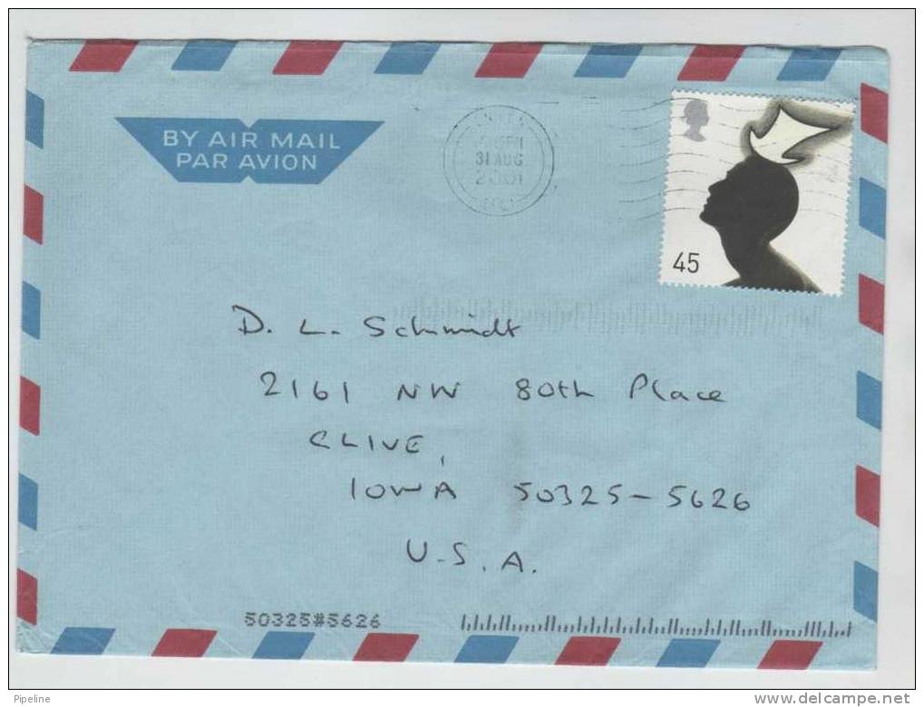 Greaty Britain Single Stamped Air Mail Cover Sent To USA 31-8-2001 - Covers & Documents