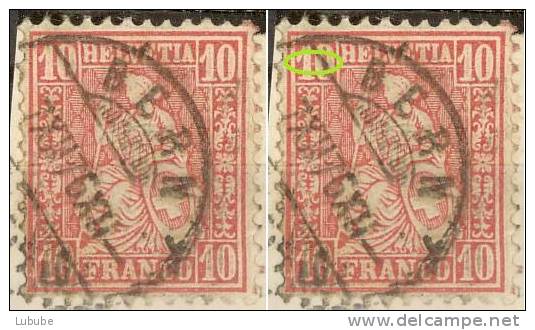 Sitzende Helvetia 38, 10 Rp.rot  "weisser Pkt In Wertschild"       1876 - Errors & Oddities