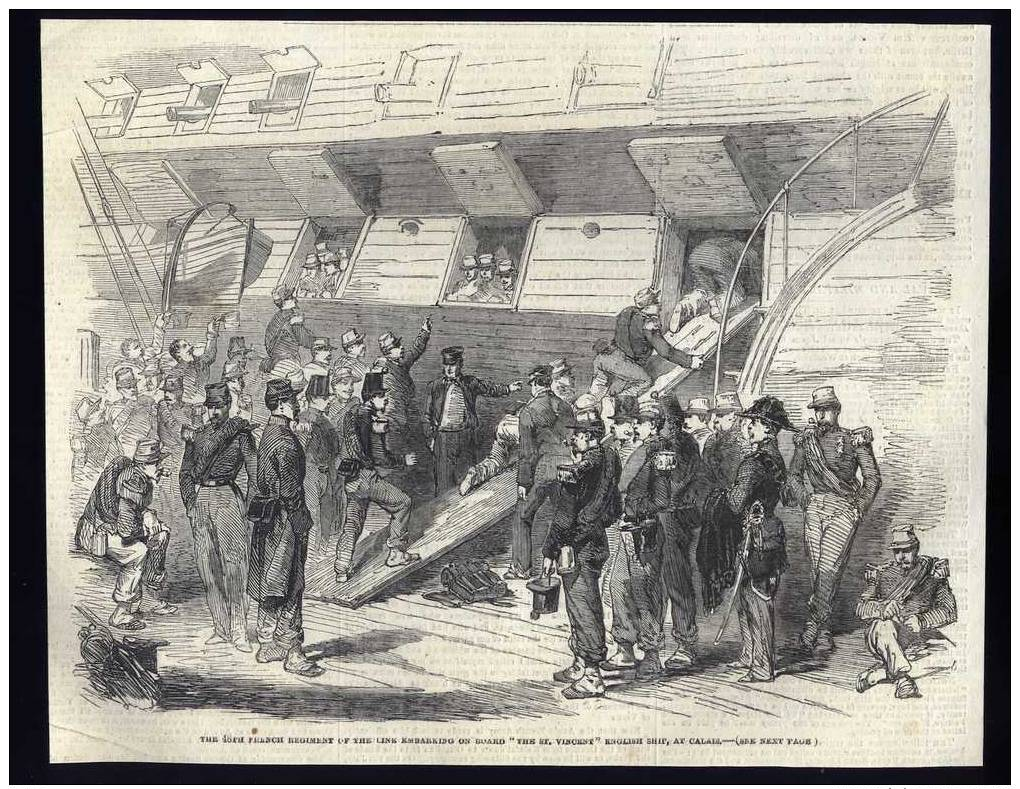 GRAVURE 1854: Calais, 48e Rgt Embarque Sur Le " St Vincen Issue De " The Illustrated London News" ,  24x19,  Dos Imprimé - Ohne Zuordnung