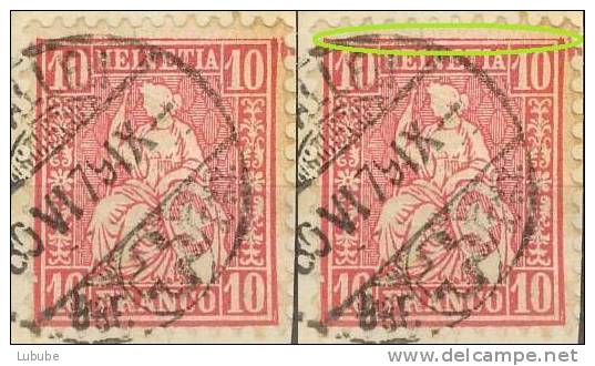 Sitzende Helvetia 38, 10 Rp.rosa    "dünne Randlinie"       1879 - Plaatfouten