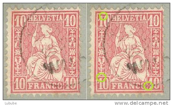 Sitzende Helvetia 38, 10 Rp.rosa    "weisse Pkt Im Markenbild"       1875 - Variétés