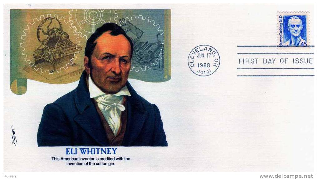 U.S.A: 1988 Très Beau Pli Illustration Eli Whitney Inventeur Du Coton Jin, Avec Timbre Harvey Cushing Neurochirurgien - Storia Postale