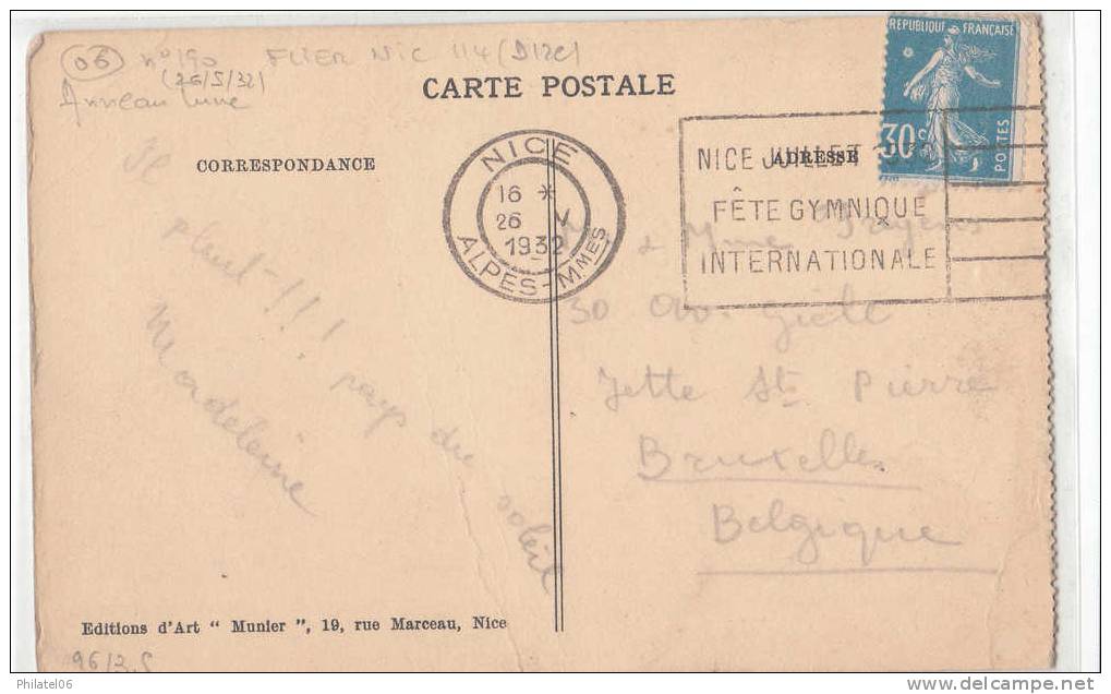 ANNEAU LUNE SUR CARTE POSTALE  SEMEUSE 1932  FLAMME "FETE GYMNIQUE DE NICE" - Used Stamps