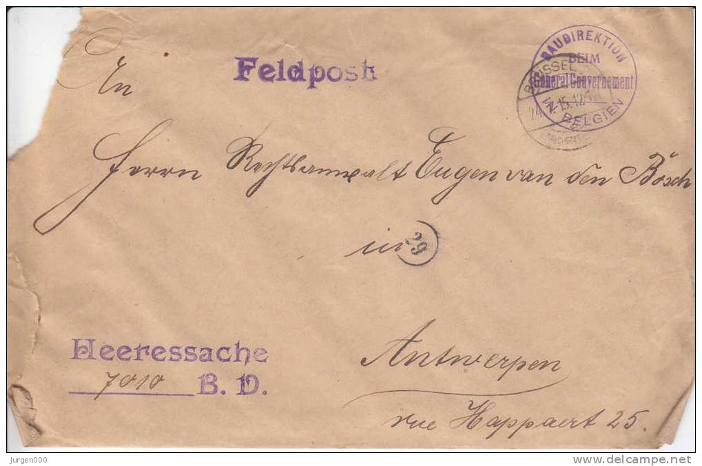 Feldpost Baudirektion, Brief Van Brussel Nordbhf Naar Antwerpen (4154) - OC1/25 Gouvernement Général