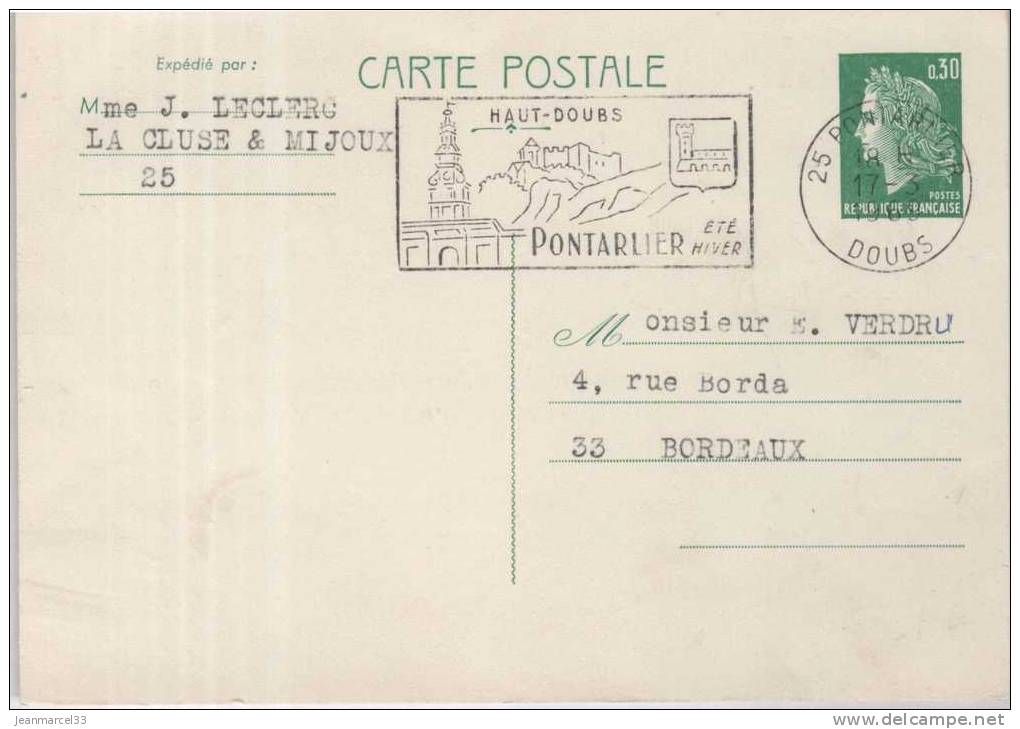 Carte Postale  0,30 Vert Cheffer Sans Le Destinataire  Oblit. 25 Pontarlier 17-3 1968 - Cartes Postales Types Et TSC (avant 1995)