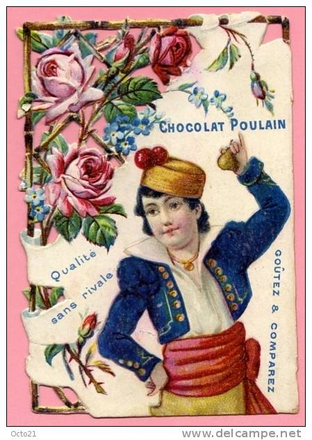 Jolie Chromo Découpis Chocolat Poulain /  Joueur De Castagnettes , Fleurs - Poulain