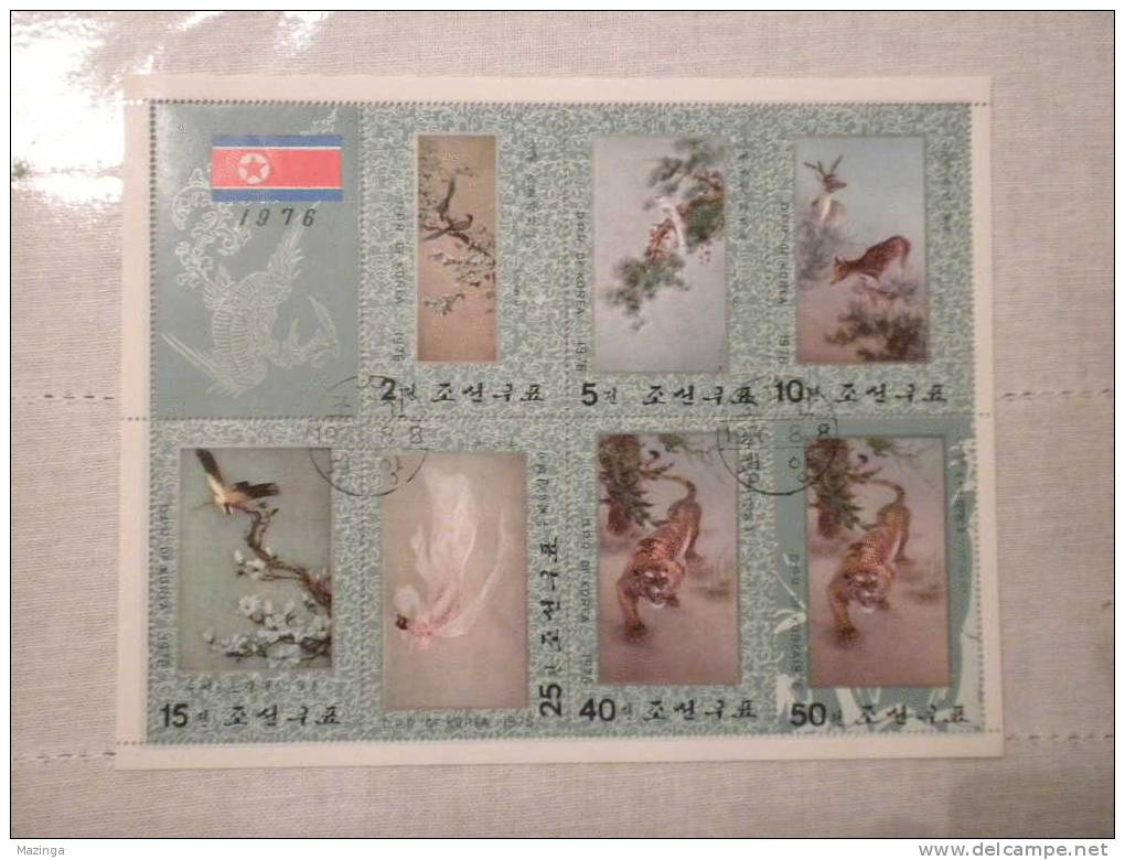 1976 Korea Foglietto Francobolli Fantasy Painting Animali Uccelli Tigri  Nuovo Con Annullo - Korea (...-1945)