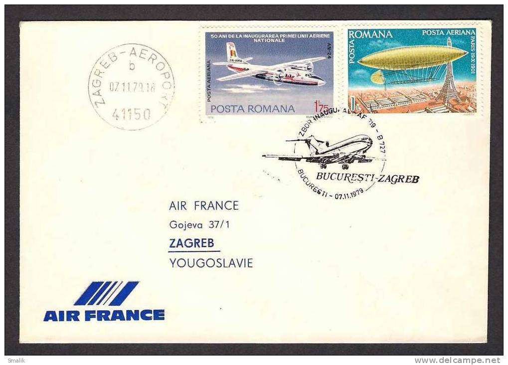 Romania Flight Cover Sent To Zagreb Yougoslavia By Ir France, Nice Cachet 7-11-1979 - Maximum Cards & Covers