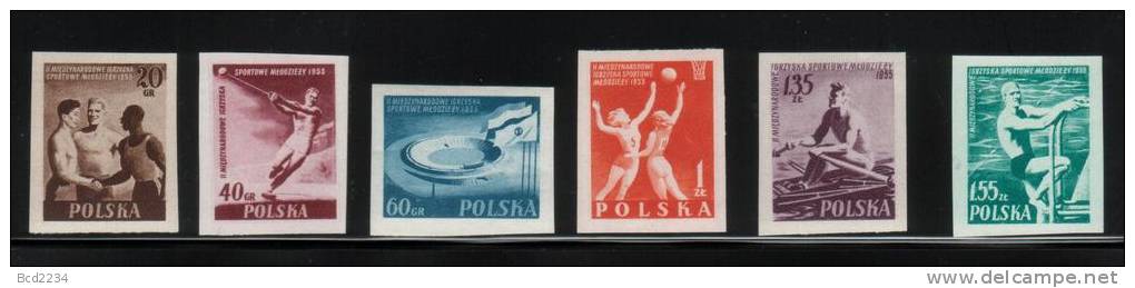 POLAND 1955 YOUTH SPORTS CHAMPIONSHIP SET OF 6 IMPERF LHM Athletics Basketball Hammer Rowing Swimming Boxing - Neufs