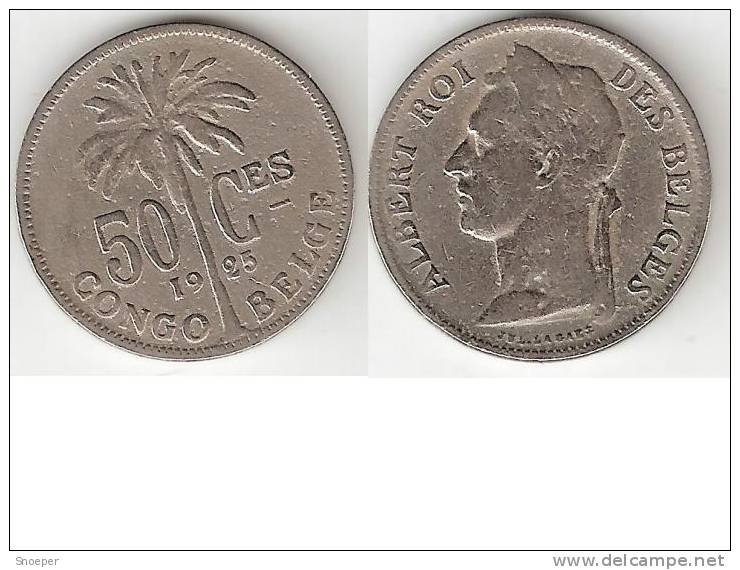 Belgium Congo 50 Centimes 1925 French Km 22 Vf - 1910-1934: Albert I