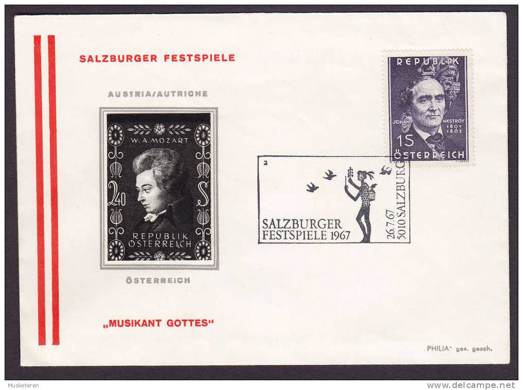 Austria Sonder Stempel Cover 1967 Salzburger Festspiele W.A. Mozart "Musikant Gottes" Johan Nestroy - Storia Postale