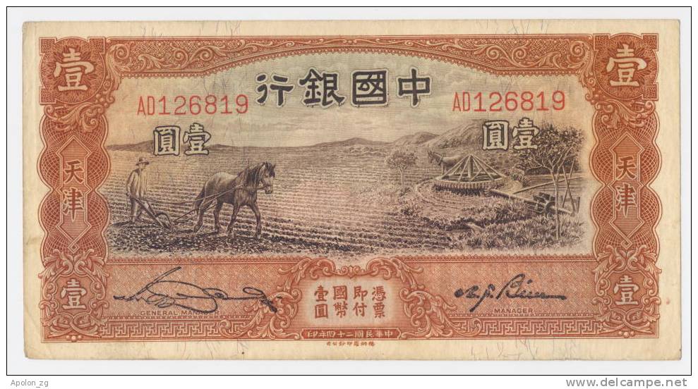 CHINA:  1 Yuan 1935 VF/XF  * P-76   BANK OF CHINA * RARE BANKNOTE ! - China