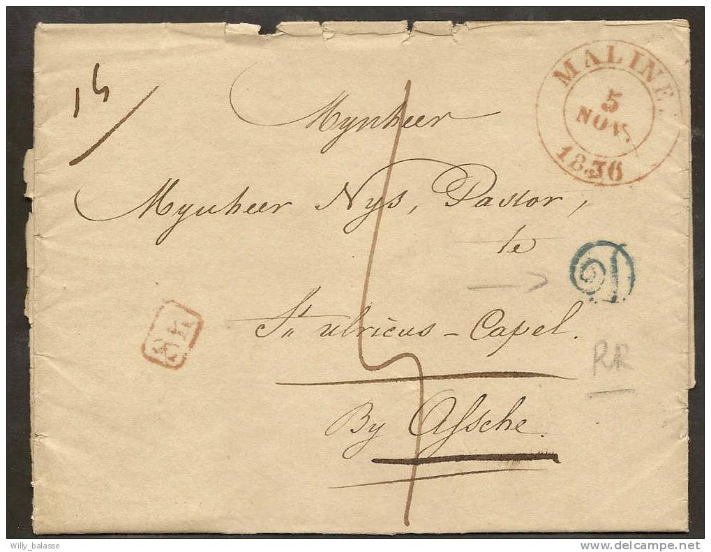 Belgique Précurseur 1836 Lettre Càd Malines + Sr (rare En 1836) + D En Bleu (rare) + Au Dos T18 Assche RR. - 1714-1794 (Pays-Bas Autrichiens)