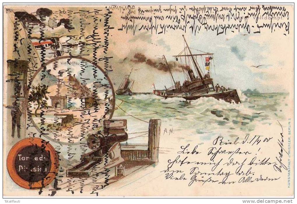 Tsingtau Kiautschou Deutschlands Flotte Auf Der Fahrt Nach China Color Litho 1.4.1900 Gel Torpedo Division Signiert A.H. - Ehemalige Dt. Kolonien