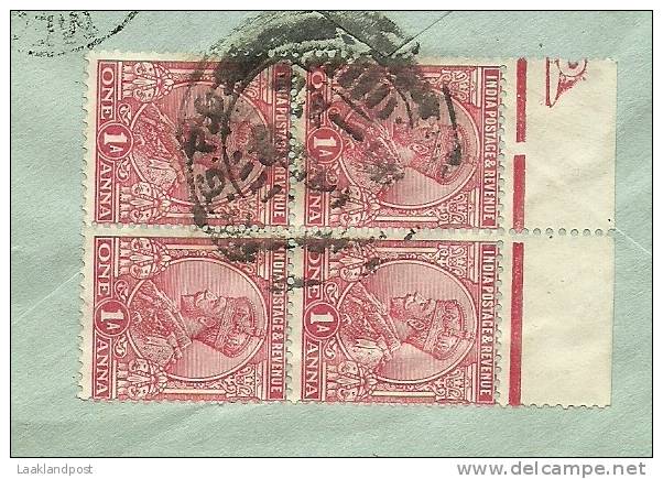 INDIA 1921 COMM COVER TO BLUCHESTAN .  (michel Nr. 77 Block 4) - 1911-35 Roi Georges V