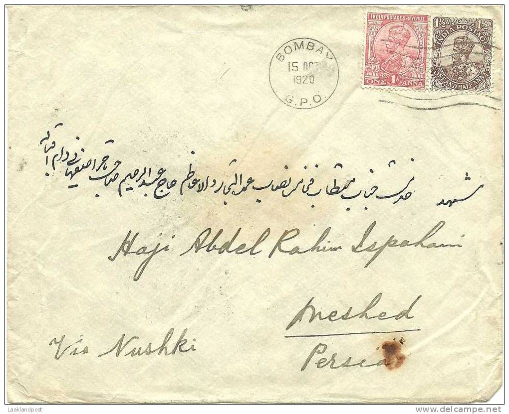 INDIA BOMBAY 1-10-1920 COVER TO  PERSIA  21-10-1920 (michel Nr. 77 + 79) Nice Cancels Backside - 1911-35 Roi Georges V