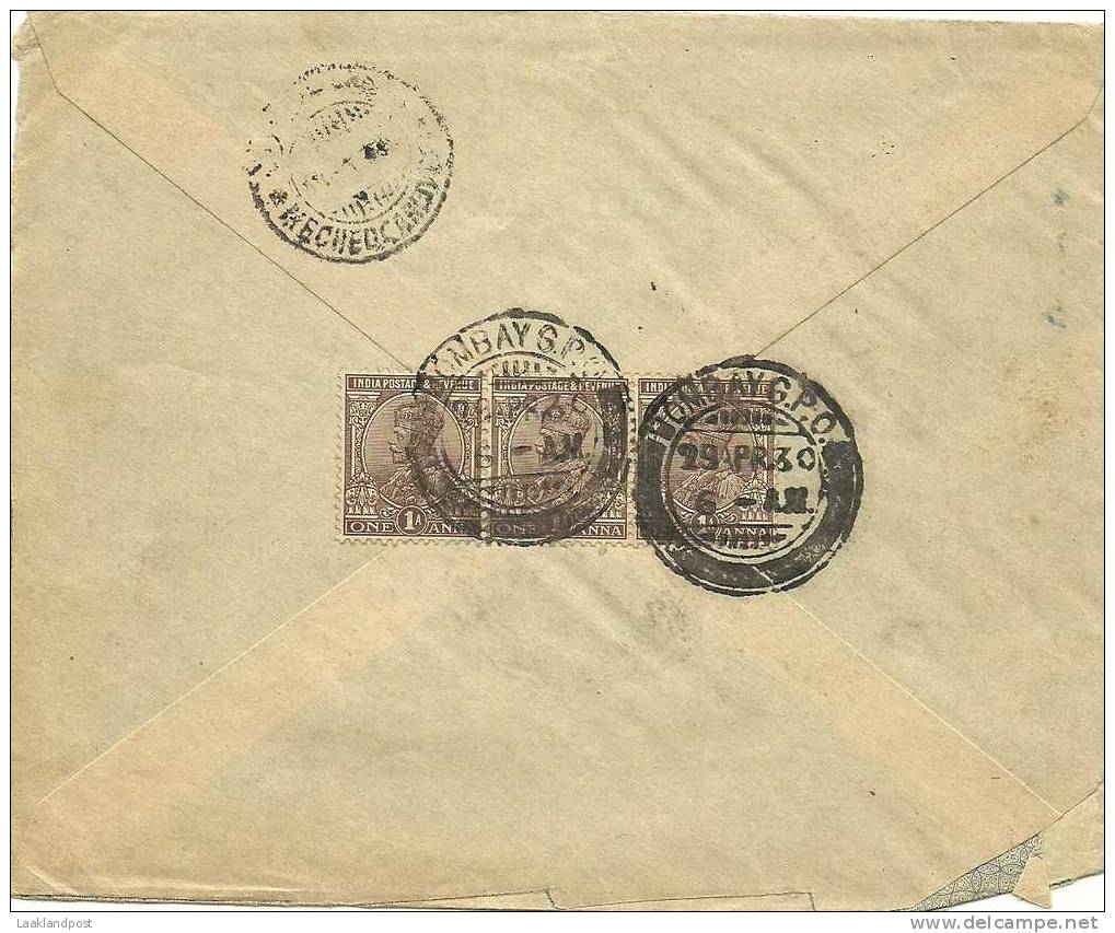 INDIA BOMBAY 29-4-1930 COMM COVER TO  MESHED  PERSIA   (michel Nr. 102 3x) - 1911-35 Roi Georges V