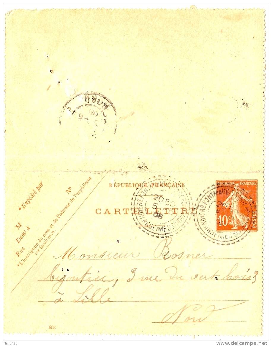 REF LHEN4 - EP CL SEMEUSE 10c DATE 803 OBL. PONT MAUGIS STATION MAI 1908 - Tarjetas Cartas