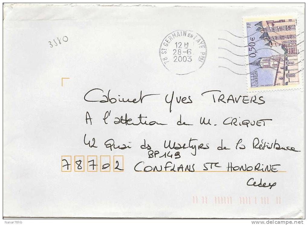 Timbre De 2003 N°3580 Seul Sur Lettre Tulle Corrèze (oblitération 28/06/2003) - Covers & Documents