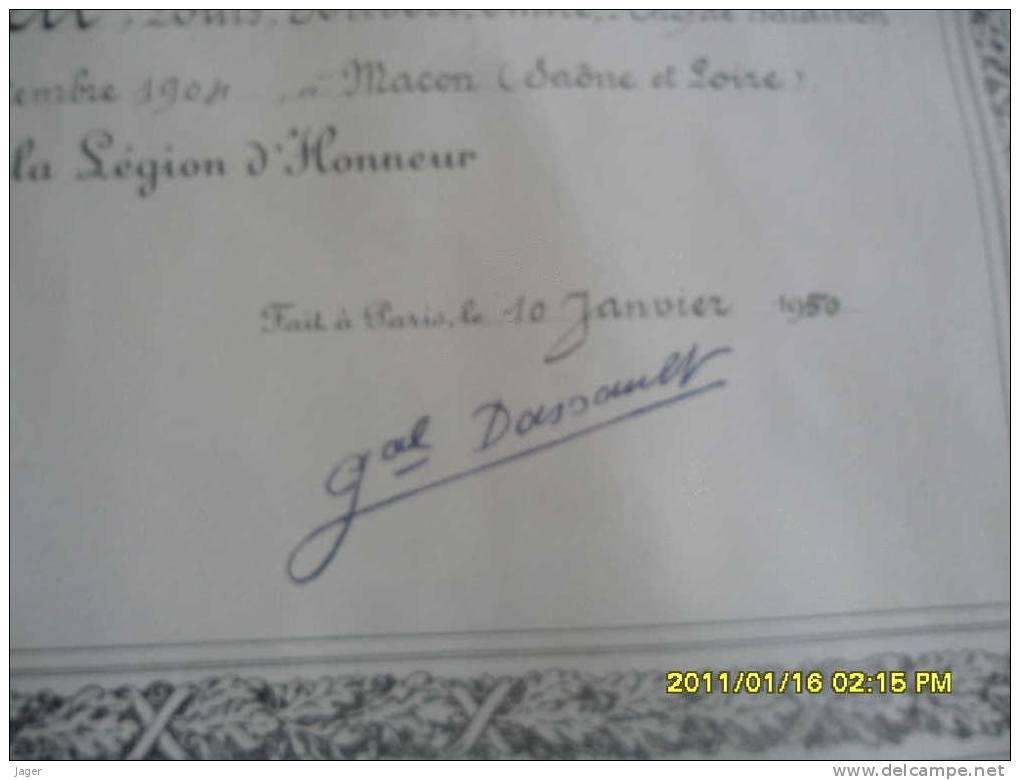 Diplome De La Legion D'honneur Chef De Bataillon De Tirailleurs Indochine ! - Documents