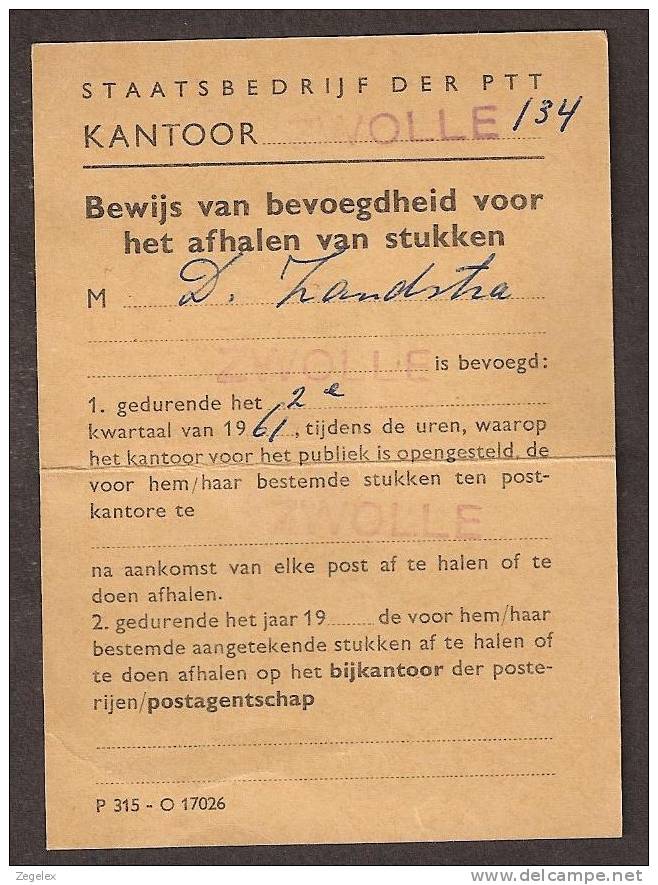 Nederland 1961 Bewijs Van Bevoegdheid Voor Het Afhalen Van Stukken - Other & Unclassified