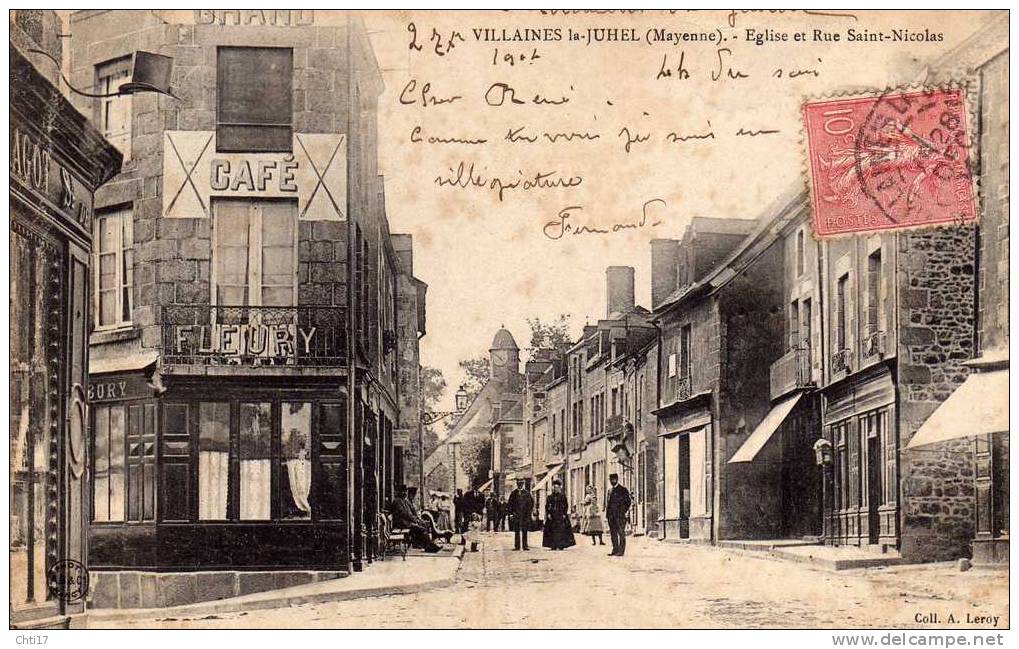 VILLAINES LA JUHEL RUE ST NICOLAS  ANIMEE ET COMMERCES CIRC 1904  EDIT  A LEROY - Villaines La Juhel