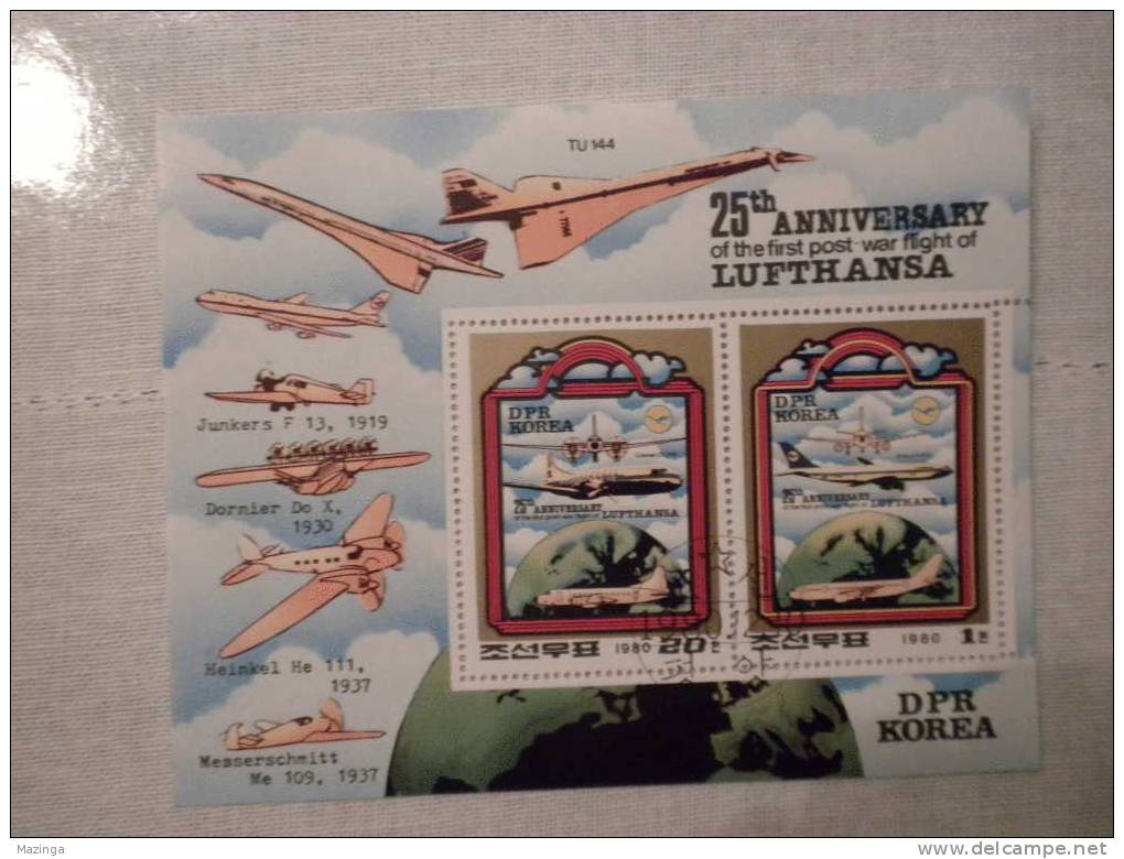 1980 Korea Foglietto Francobolli 25 Anniversary Of The First Post War Flight Of Lufthansa Nuovo Con Annullo - Korea (...-1945)