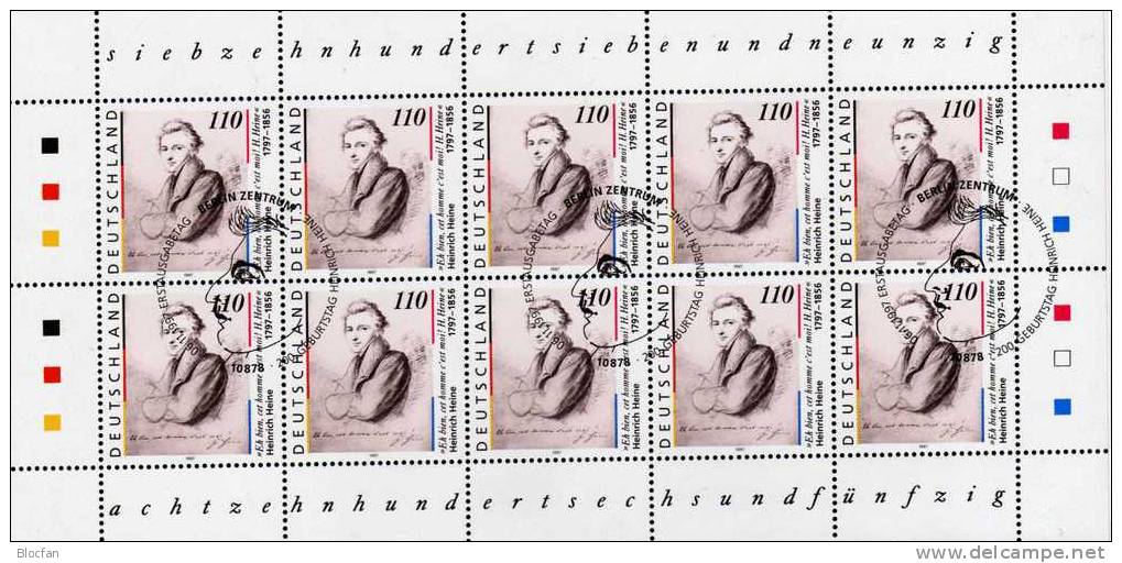 200.Geburtstag Dichter Heine 1997 BUND 1962y 10-Kleinbogen II SST 16€ Ohne Rune Porträt Bloc M/s Sheetlet Bf BRD Germany - Theater