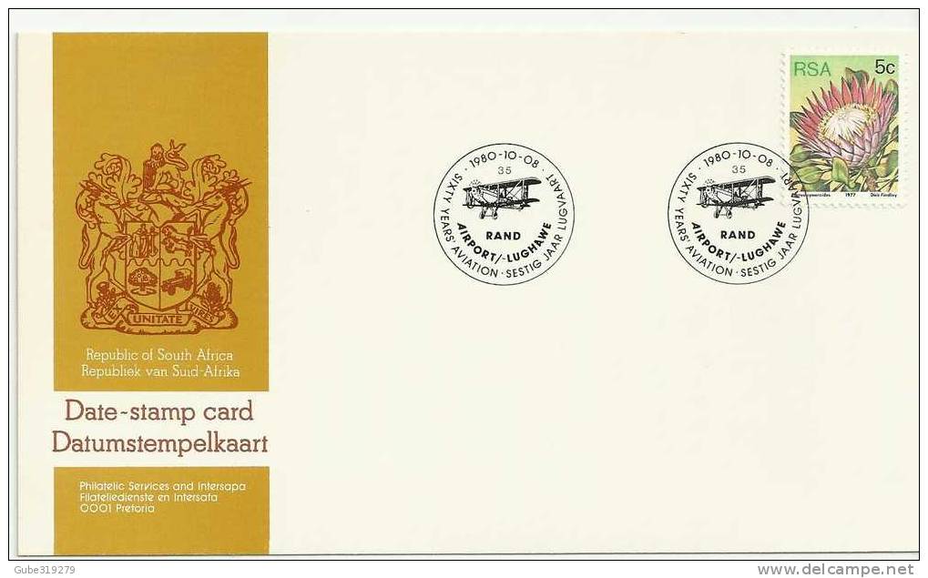 SOUTH  AFRICA – 1980 –  DATE STAMP CARD – 60 YEARS CIVIL AVIATION S.A.   – WITH 1 STAMP  RE:132 - Andere & Zonder Classificatie